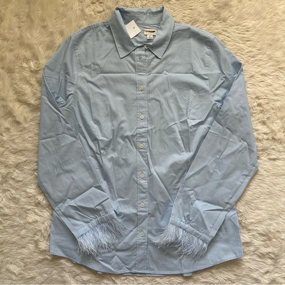 J. Crew Factory Top Feather-Trimmed Button-Up Shirt In Signature Fit Blue M NWT - Picture 2 of 12